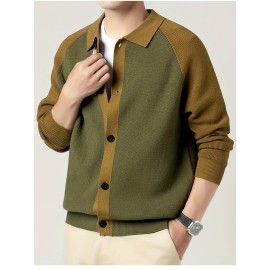 Fashionable Casual Color-Block Men'S Knitted Cardigan | High-Quality Lapel Button, Loose Fit, Stylish and Warm, Perfect for Fall/Winter