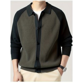 Fashionable Casual Color-Block Men'S Knitted Cardigan | High-Quality Lapel Button, Loose Fit, Stylish and Warm, Perfect for Fall/Winter
