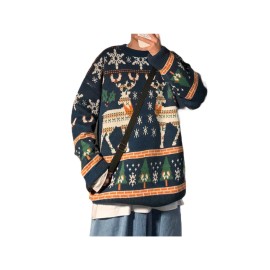 Men's Plus Size Christmas Sweater Red Reindeer & Fair Isle Knit Pullover - Ugly Holiday Sweaters for Men, Winter Outfit, Relaxed Fit Crewneck Jumper, Family Matching for Xmas (Dry)