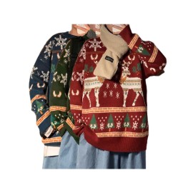 Men's Plus Size Christmas Sweater Red Reindeer & Fair Isle Knit Pullover - Ugly Holiday Sweaters for Men, Winter Outfit, Relaxed Fit Crewneck Jumper, Family Matching for Xmas (Dry)