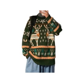 Men's Plus Size Christmas Sweater Red Reindeer & Fair Isle Knit Pullover - Ugly Holiday Sweaters for Men, Winter Outfit, Relaxed Fit Crewneck Jumper, Family Matching for Xmas (Dry)