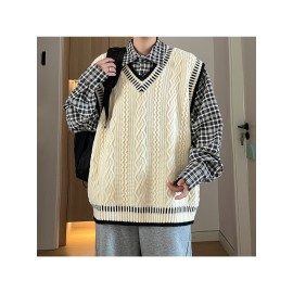 Men'S Preppy Style Cable-Knit Cashmere Vest | Black Cable Texture + Contrast Trim + V-Neck Fit, Oversized Versatile Couple'S Layering Waistcoat, Suitable for Campus Casual Outfits, Fall/Winter Season