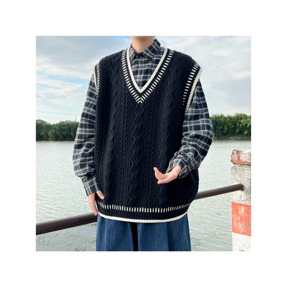 Men'S Preppy Style Cable-Knit Cashmere Vest | Black Cable Texture + Contrast Trim + V-Neck Fit, Oversized Versatile Couple'S Layering Waistcoat, Suitable for Campus Casual Outfits, Fall/Winter Season