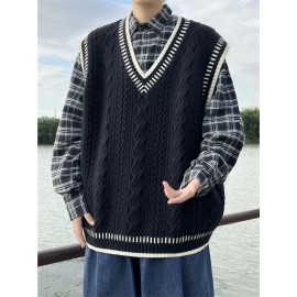 Men'S Preppy Style Cable-Knit Cashmere Vest | Black Cable Texture + Contrast Trim + V-Neck Fit, Oversized Versatile Couple'S Layering Waistcoat, Suitable for Campus Casual Outfits, Fall/Winter Season