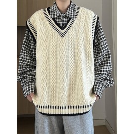 Men'S Preppy Style Cable-Knit Cashmere Vest | Black Cable Texture + Contrast Trim + V-Neck Fit, Oversized Versatile Couple'S Layering Waistcoat, Suitable for Campus Casual Outfits, Fall/Winter Season