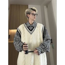 Men'S Preppy Style Cable-Knit Cashmere Vest | Black Cable Texture + Contrast Trim + V-Neck Fit, Oversized Versatile Couple'S Layering Waistcoat, Suitable for Campus Casual Outfits, Fall/Winter Season