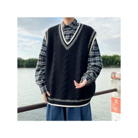 Men'S Preppy Style Cable-Knit Cashmere Vest | Black Cable Texture + Contrast Trim + V-Neck Fit, Oversized Versatile Couple'S Layering Waistcoat, Suitable for Campus Casual Outfits, Fall/Winter Season