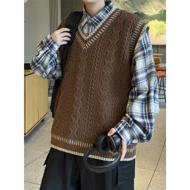 Men'S Preppy Style Cable-Knit Cashmere Vest | Black Cable Texture + Contrast Trim + V-Neck Fit, Oversized Versatile Couple'S Layering Waistcoat, Suitable for Campus Casual Outfits, Fall/Winter Season