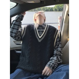 Men'S Preppy Style Cable-Knit Cashmere Vest | Black Cable Texture + Contrast Trim + V-Neck Fit, Oversized Versatile Couple'S Layering Waistcoat, Suitable for Campus Casual Outfits, Fall/Winter Season