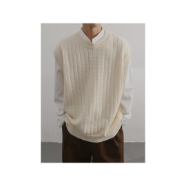 Men'S Cashmere Crew Neck Vest | Cream Solid Color with Vertical Textured Knit, Oversized Fit, Casual Lazy Style, Versatile Couple'S Sleeveless Waistcoat for Fall/Winter