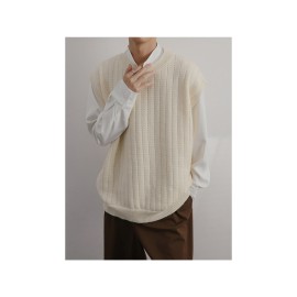Men'S Cashmere Crew Neck Vest | Cream Solid Color with Vertical Textured Knit, Oversized Fit, Casual Lazy Style, Versatile Couple'S Sleeveless Waistcoat for Fall/Winter