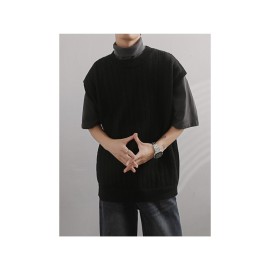 Men'S Cashmere Crew Neck Vest | Cream Solid Color with Vertical Textured Knit, Oversized Fit, Casual Lazy Style, Versatile Couple'S Sleeveless Waistcoat for Fall/Winter