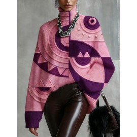 Plus Size - Women'S Fall/Winter Turtleneck Top, 2D Flat Abstract Geometric Pattern Top Green Orange Brown And Yellow Print For Fashion Statement Outfits