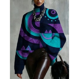 Plus Size - Women'S Fall/Winter Turtleneck Top, 2D Flat Abstract Geometric Pattern Top Green Orange Brown And Yellow Print For Fashion Statement Outfits