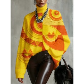 Plus Size - Women'S Fall/Winter Turtleneck Top, 2D Flat Abstract Geometric Pattern Top Green Orange Brown And Yellow Print For Fashion Statement Outfits