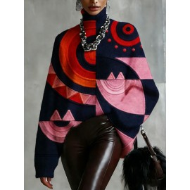 Plus Size - Women'S Fall/Winter Turtleneck Top, 2D Flat Abstract Geometric Pattern Top Green Orange Brown And Yellow Print For Fashion Statement Outfits