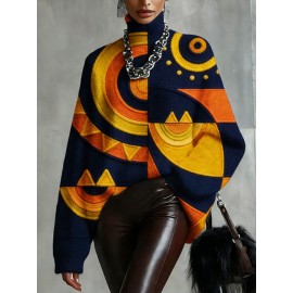 Plus Size - Women'S Fall/Winter Turtleneck Top, 2D Flat Abstract Geometric Pattern Top Green Orange Brown And Yellow Print For Fashion Statement Outfits