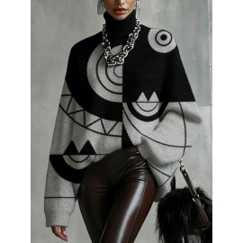 Plus Size - Women'S Fall/Winter Turtleneck Top, 2D Flat Abstract Geometric Pattern Top Green Orange Brown And Yellow Print For Fashion Statement Outfits