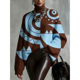 Plus Size - Women'S Fall/Winter Turtleneck Top, 2D Flat Abstract Geometric Pattern Top Green Orange Brown And Yellow Print For Fashion Statement Outfits