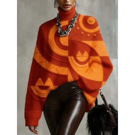 Plus Size - Women'S Fall/Winter Turtleneck Top, 2D Flat Abstract Geometric Pattern Top Green Orange Brown And Yellow Print For Fashion Statement Outfits