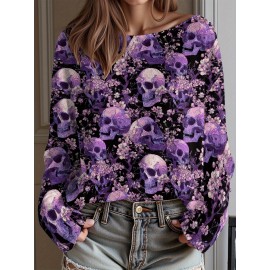 Plus Size, Women's Gothic Topwear Gothic Red & Black Poppy Flower & Bat Print (Bat Wing) Topwear, Off-the-Shoulder/Boat Neck Pullover with White Piping, Loose Waist-Cinching Waist, Machine Washable Layering Top for Fall