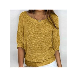 Plus Size - Women'S Plus Size Elegant European & American Style Solid Color Sweater - Loose Fit Round Neck 7/8 Sleeve Winter Warm Pullover, Soft Stretchy Round Neck Top for Fall & Winter, Office, Semi-Formal & Casual Attire