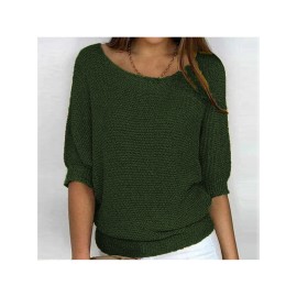 Plus Size - Women'S Plus Size Elegant European & American Style Solid Color Sweater - Loose Fit Round Neck 7/8 Sleeve Winter Warm Pullover, Soft Stretchy Round Neck Top for Fall & Winter, Office, Semi-Formal & Casual Attire