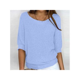 Plus Size - Women'S Plus Size Elegant European & American Style Solid Color Sweater - Loose Fit Round Neck 7/8 Sleeve Winter Warm Pullover, Soft Stretchy Round Neck Top for Fall & Winter, Office, Semi-Formal & Casual Attire