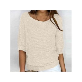 Plus Size - Women'S Plus Size Elegant European & American Style Solid Color Sweater - Loose Fit Round Neck 7/8 Sleeve Winter Warm Pullover, Soft Stretchy Round Neck Top for Fall & Winter, Office, Semi-Formal & Casual Attire