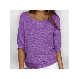 Plus Size - Women'S Plus Size Elegant European & American Style Solid Color Sweater - Loose Fit Round Neck 7/8 Sleeve Winter Warm Pullover, Soft Stretchy Round Neck Top for Fall & Winter, Office, Semi-Formal & Casual Attire