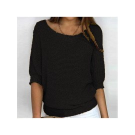 Plus Size - Women'S Plus Size Elegant European & American Style Solid Color Sweater - Loose Fit Round Neck 7/8 Sleeve Winter Warm Pullover, Soft Stretchy Round Neck Top for Fall & Winter, Office, Semi-Formal & Casual Attire