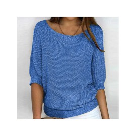 Plus Size - Women'S Plus Size Elegant European & American Style Solid Color Sweater - Loose Fit Round Neck 7/8 Sleeve Winter Warm Pullover, Soft Stretchy Round Neck Top for Fall & Winter, Office, Semi-Formal & Casual Attire