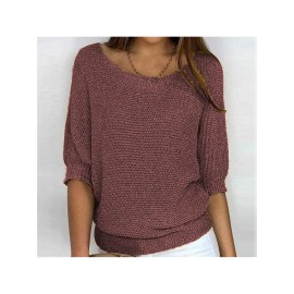 Plus Size - Women'S Plus Size Elegant European & American Style Solid Color Sweater - Loose Fit Round Neck 7/8 Sleeve Winter Warm Pullover, Soft Stretchy Round Neck Top for Fall & Winter, Office, Semi-Formal & Casual Attire