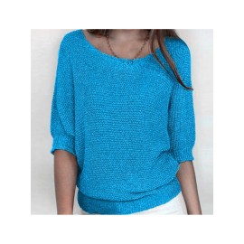 Plus Size - Women'S Plus Size Elegant European & American Style Solid Color Sweater - Loose Fit Round Neck 7/8 Sleeve Winter Warm Pullover, Soft Stretchy Round Neck Top for Fall & Winter, Office, Semi-Formal & Casual Attire