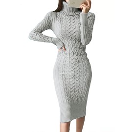 Womens Fashion Long Sleeve Turtleneck Sweater Dresses Knitted Bodycon Midi Sheath Jumper Dresses