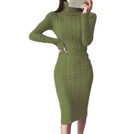 Womens Fashion Long Sleeve Turtleneck Sweater Dresses Knitted Bodycon Midi Sheath Jumper Dresses