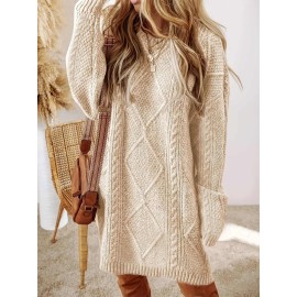 Plus Size, Beige Cable Sweater Dress - Oversized Slouchy Mid-Length Dress with Drop Shoulder, Cozy Winter Dress for Fall/Winter, Beige Cable Pattern Pullover, Elegant Casual to Dressy Wear