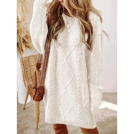 Plus Size, Beige Cable Sweater Dress - Oversized Slouchy Mid-Length Dress with Drop Shoulder, Cozy Winter Dress for Fall/Winter, Beige Cable Pattern Pullover, Elegant Casual to Dressy Wear