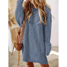 Plus Size, Beige Cable Sweater Dress - Oversized Slouchy Mid-Length Dress with Drop Shoulder, Cozy Winter Dress for Fall/Winter, Beige Cable Pattern Pullover, Elegant Casual to Dressy Wear