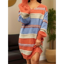Plus Size - Plus Size - Plus Size Elegant V-Neck Sweater Dress with Contrast Color Blocking - Long Sleeve Winter Warmth, Elastic Mid-Length Skirt and Straight Hemline Women'S Comfortable Pullover for Casual to Semi-Formal Wear