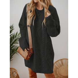 Plus Size - Beige Cable Diamond Drop-Shoulder Sweater Dress, Oversized Slouchy Mid-Length Sweater, Warm and Cozy, Suitable for Autumn and Winter