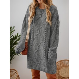 Plus Size - Beige Cable Diamond Drop-Shoulder Sweater Dress, Oversized Slouchy Mid-Length Sweater, Warm and Cozy, Suitable for Autumn and Winter