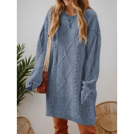 Plus Size - Beige Cable Diamond Drop-Shoulder Sweater Dress, Oversized Slouchy Mid-Length Sweater, Warm and Cozy, Suitable for Autumn and Winter