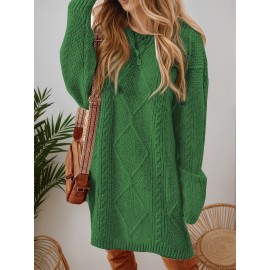 Plus Size - Beige Cable Diamond Drop-Shoulder Sweater Dress, Oversized Slouchy Mid-Length Sweater, Warm and Cozy, Suitable for Autumn and Winter