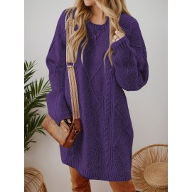 Plus Size - Beige Cable Diamond Drop-Shoulder Sweater Dress, Oversized Slouchy Mid-Length Sweater, Warm and Cozy, Suitable for Autumn and Winter