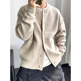 Men's Heavy Knit Cardigan Sweater Jacket - Soft Warm Winter Coat with Button Front, Oversized Long Length Suitable for Office & Casual Wear, Cream/Beige/Gray - Machine Washable Layering Coat, Christmas Gift for Men