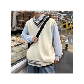 Men's Preppy Style V-Neck Wool Vest, Cream Base + Contrast Trim + Oversized Fit, Trendy Sleeveless DK Uniform Lazy Waistcoat
