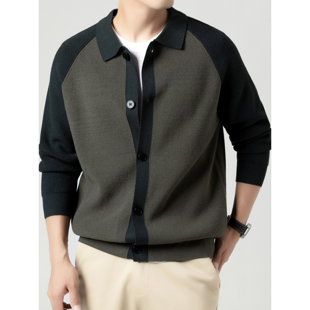Fashionable Casual Color-Block Men'S Knitted Cardigan | High-Quality Lapel Button, Loose Fit, Stylish and Warm, Perfect for Fall/Winter