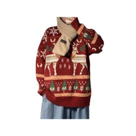 Men's Plus Size Christmas Sweater Red Reindeer & Fair Isle Knit Pullover - Ugly Holiday Sweaters for Men, Winter Outfit, Relaxed Fit Crewneck Jumper, Family Matching for Xmas (Dry)