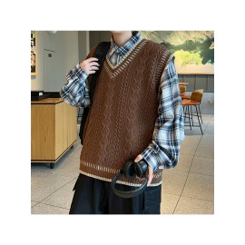 Men'S Preppy Style Cable-Knit Cashmere Vest | Black Cable Texture + Contrast Trim + V-Neck Fit, Oversized Versatile Couple'S Layering Waistcoat, Suitable for Campus Casual Outfits, Fall/Winter Season